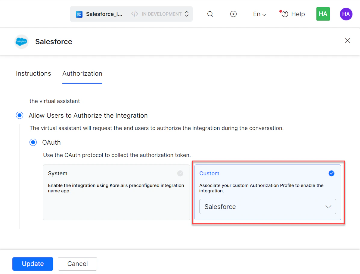 Select an existing authorization profile