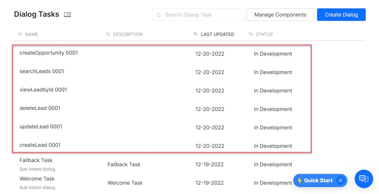 Dialog tasks for each template