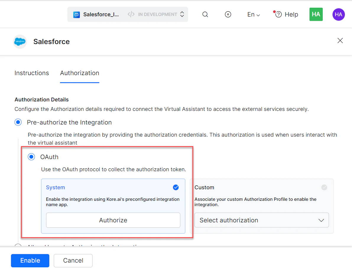 Kore.ai's preconfigured Salesforce app