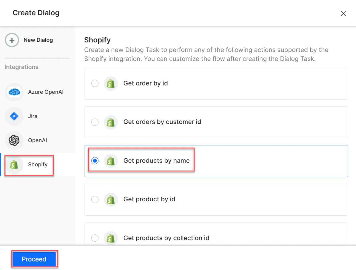 Select desired dialog task and proceed