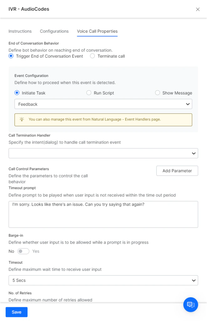 configure voice call properties