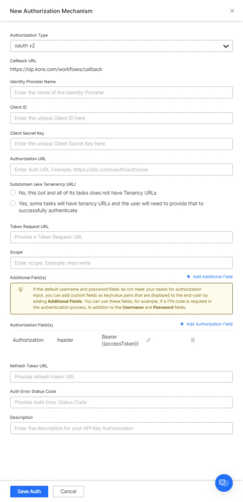 OAuth V2 fields to define