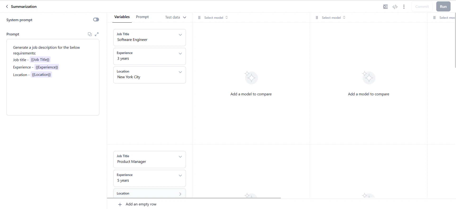 Test data applied to prompt canvas