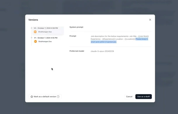 Prompt versions dialog