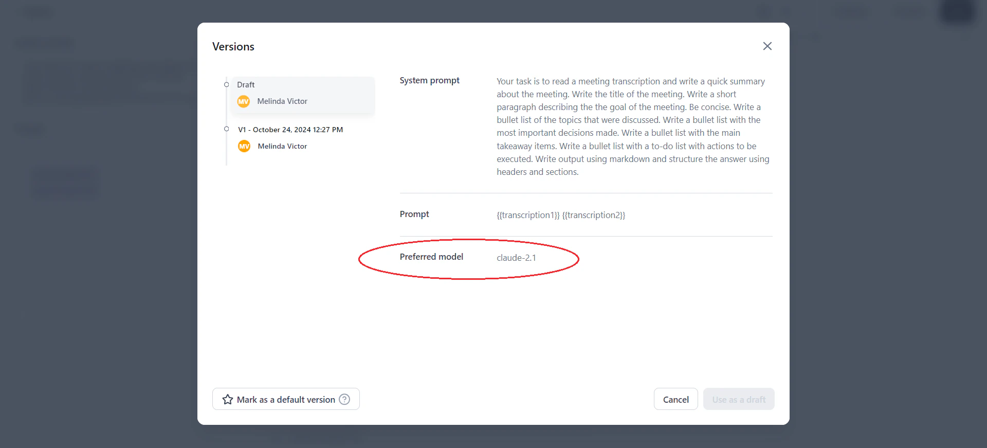 Versions dialog with preferred model