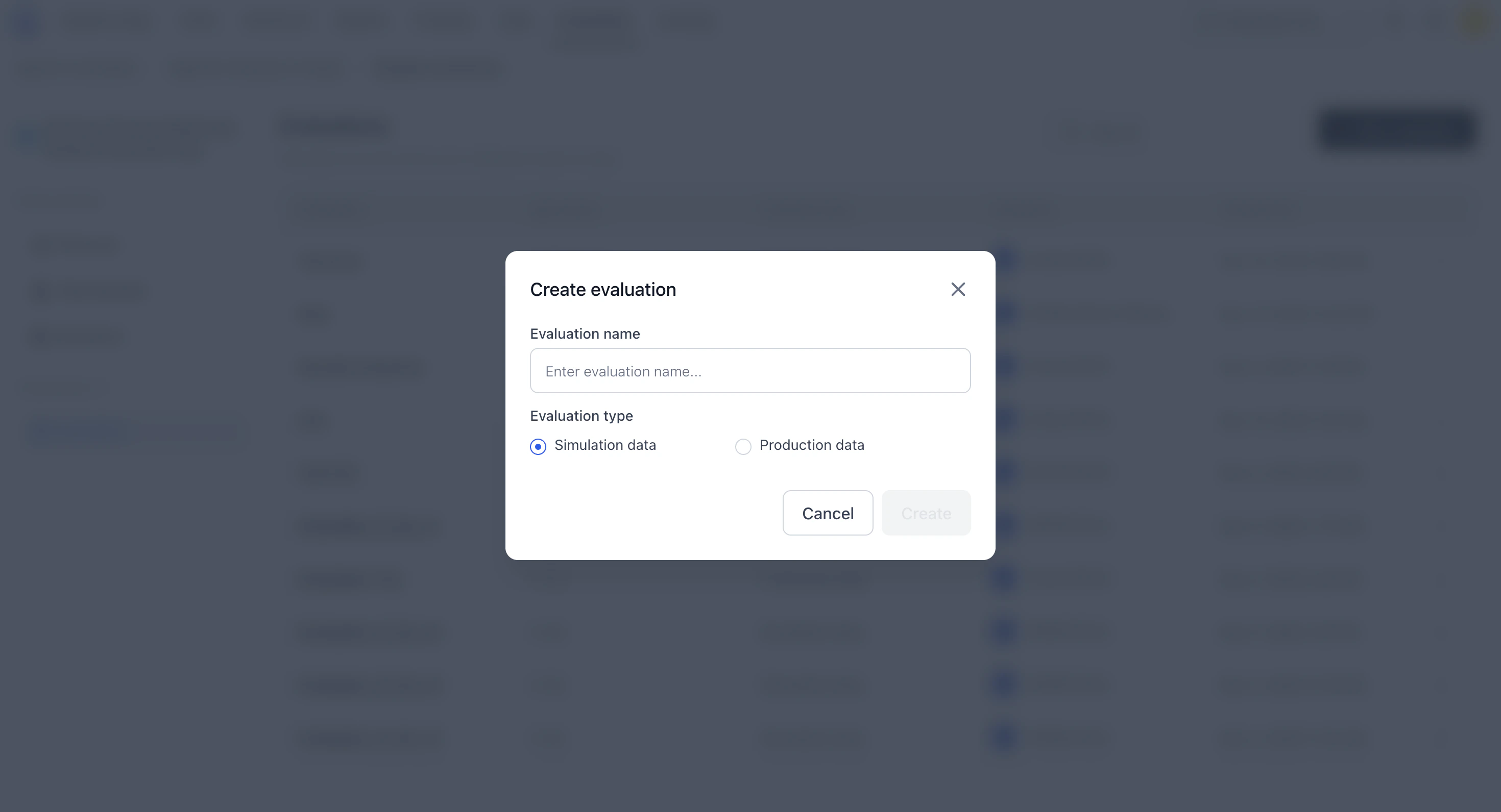Evaluation creation dialog