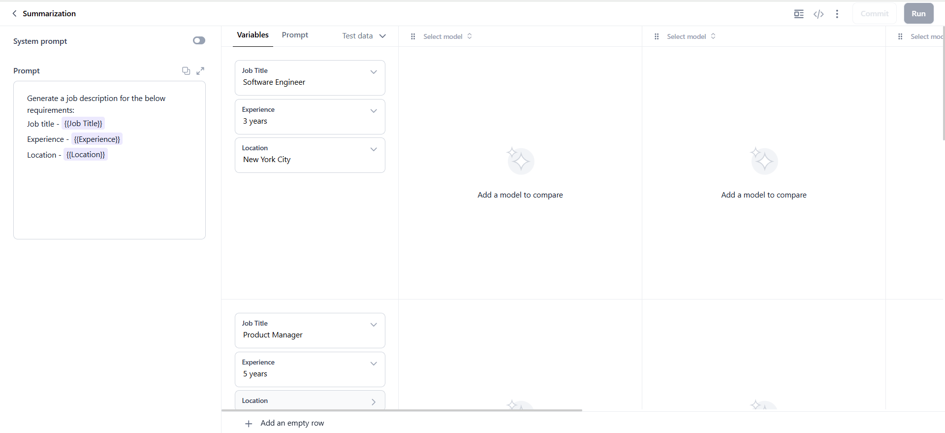 Test data applied to prompt canvas