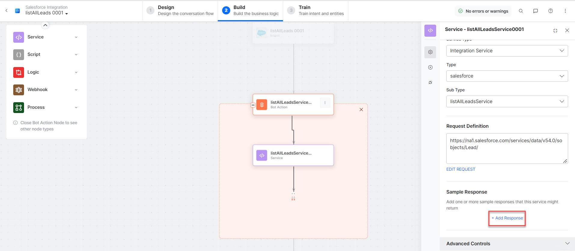 listAllLeadsService bot action component properties