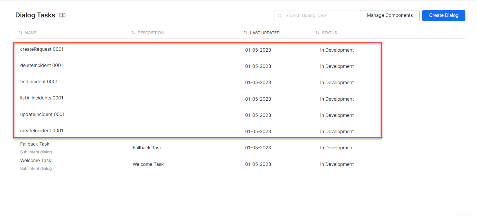 Dialog tasks for each template