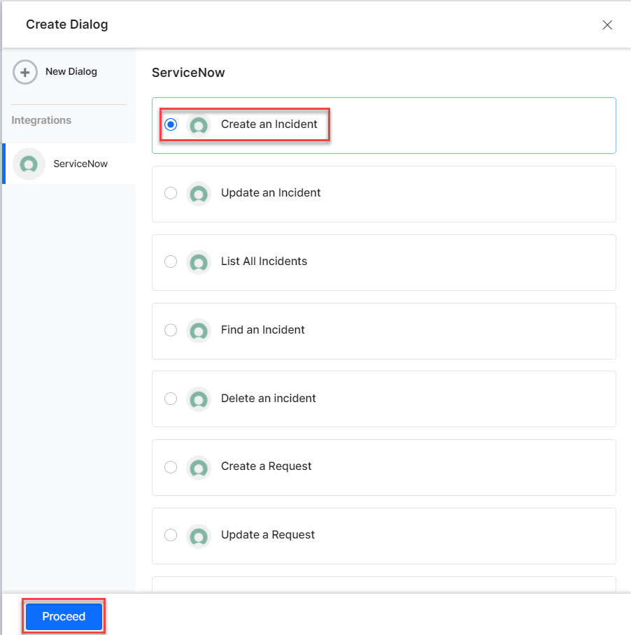 Select desired dialog task and proceed