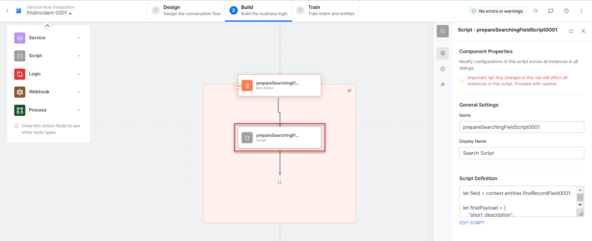 prepareSearchingFieldScript bot action component properties