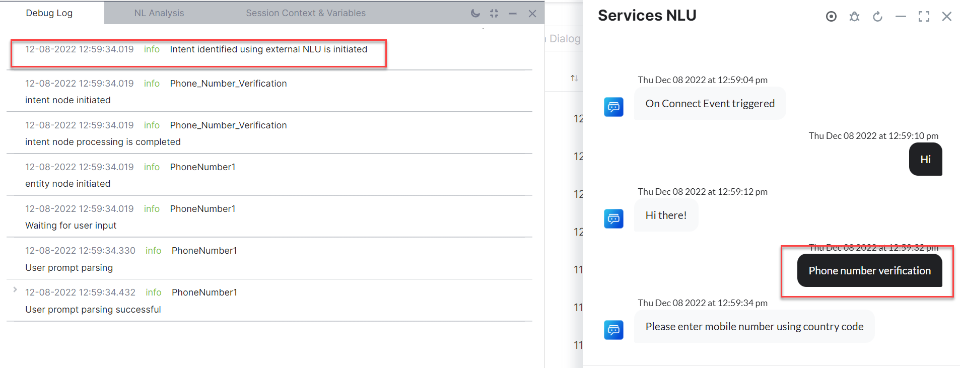 Debug Log - intent identified using External NLU is initiated
