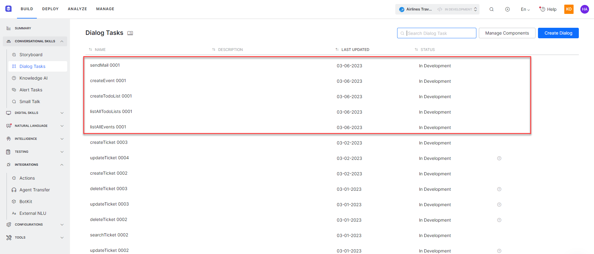 Dialog task for each template