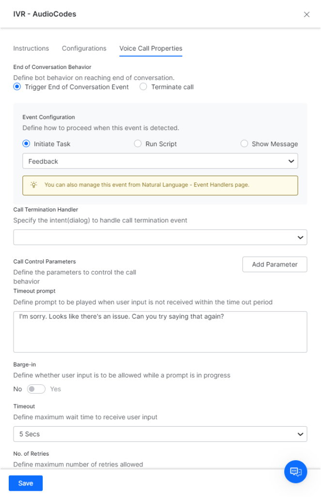 configure voice call properties