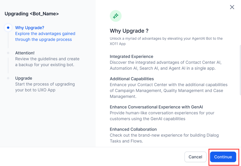 Continue to Upgrade Pop-up