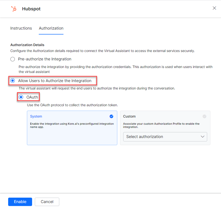Enable integration-authorization link sent to user