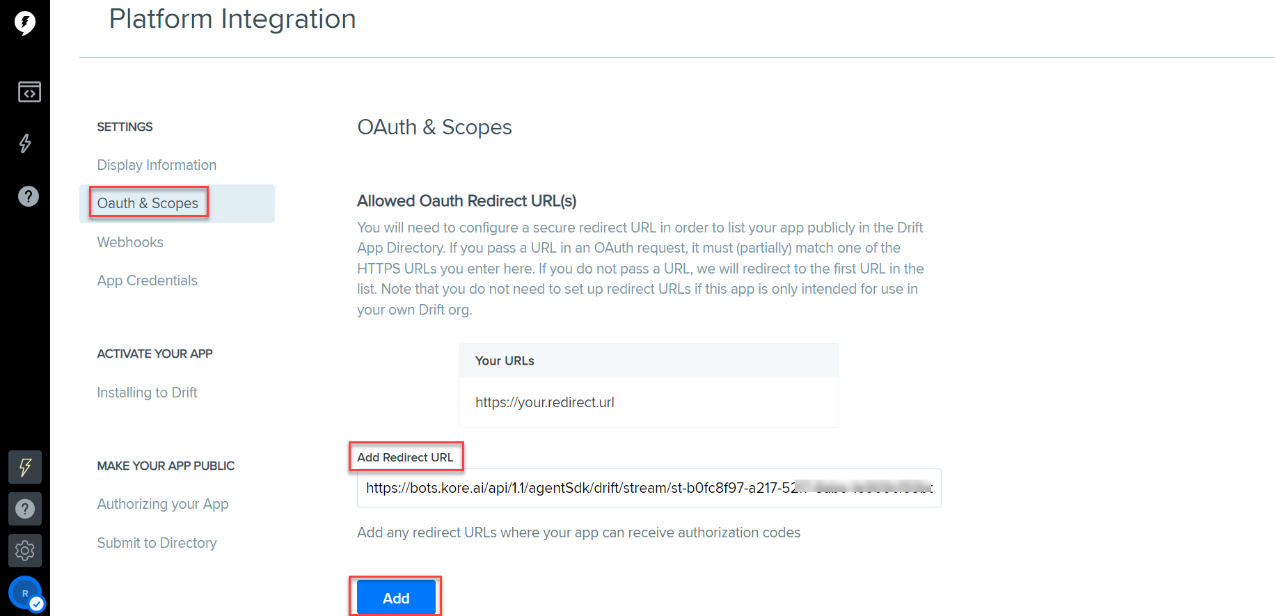 Add redirect URL