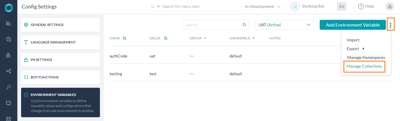 Environment Variables - Manage Collections