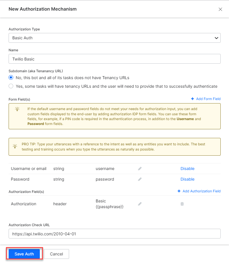 Save authorization profile