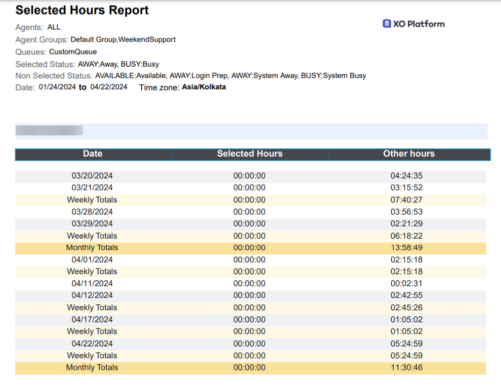 Selected Hours Report Output