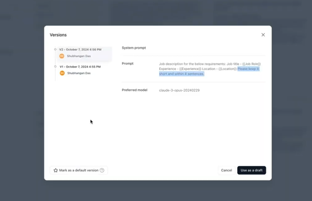 Prompt versions dialog