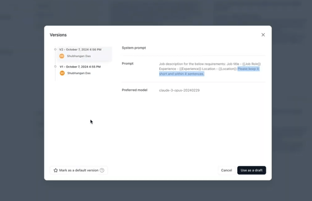 Prompt versions dialog