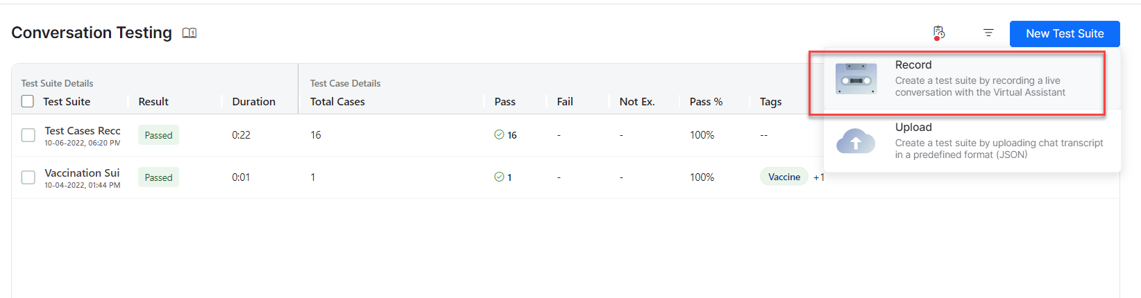 Start recording New Test