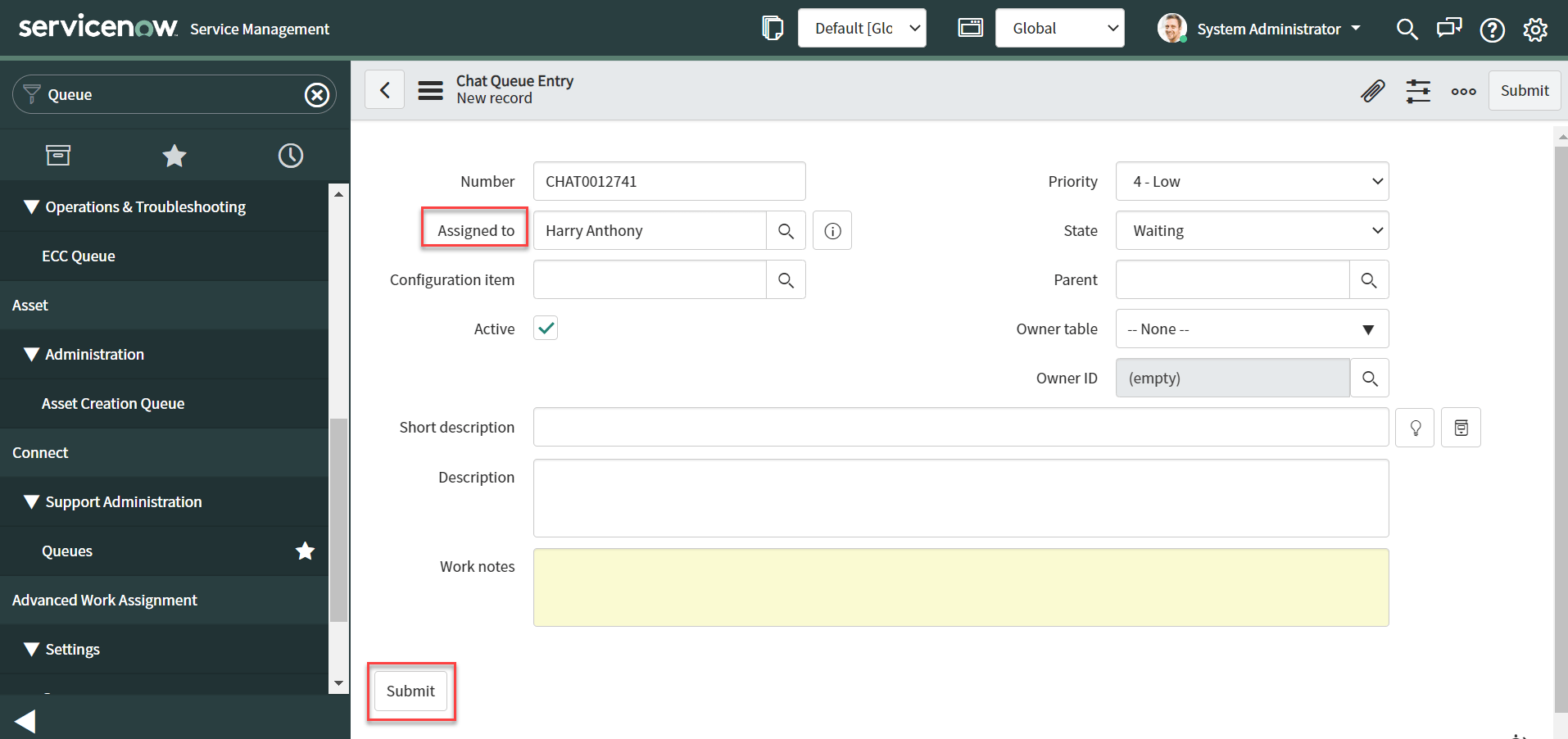 Assign chat queue entry