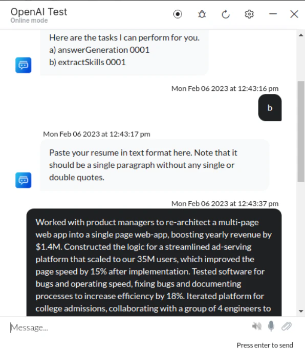 Enter resume content