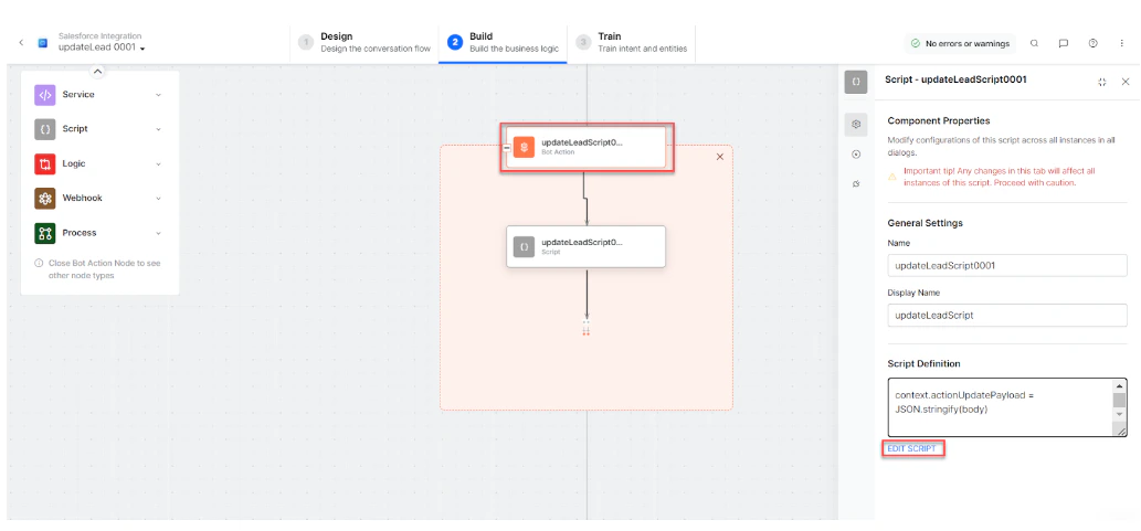 updateLeadScript bot action component properties
