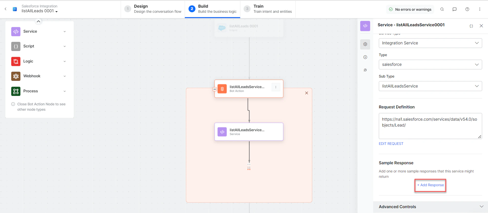 listAllLeadsService bot action component properties