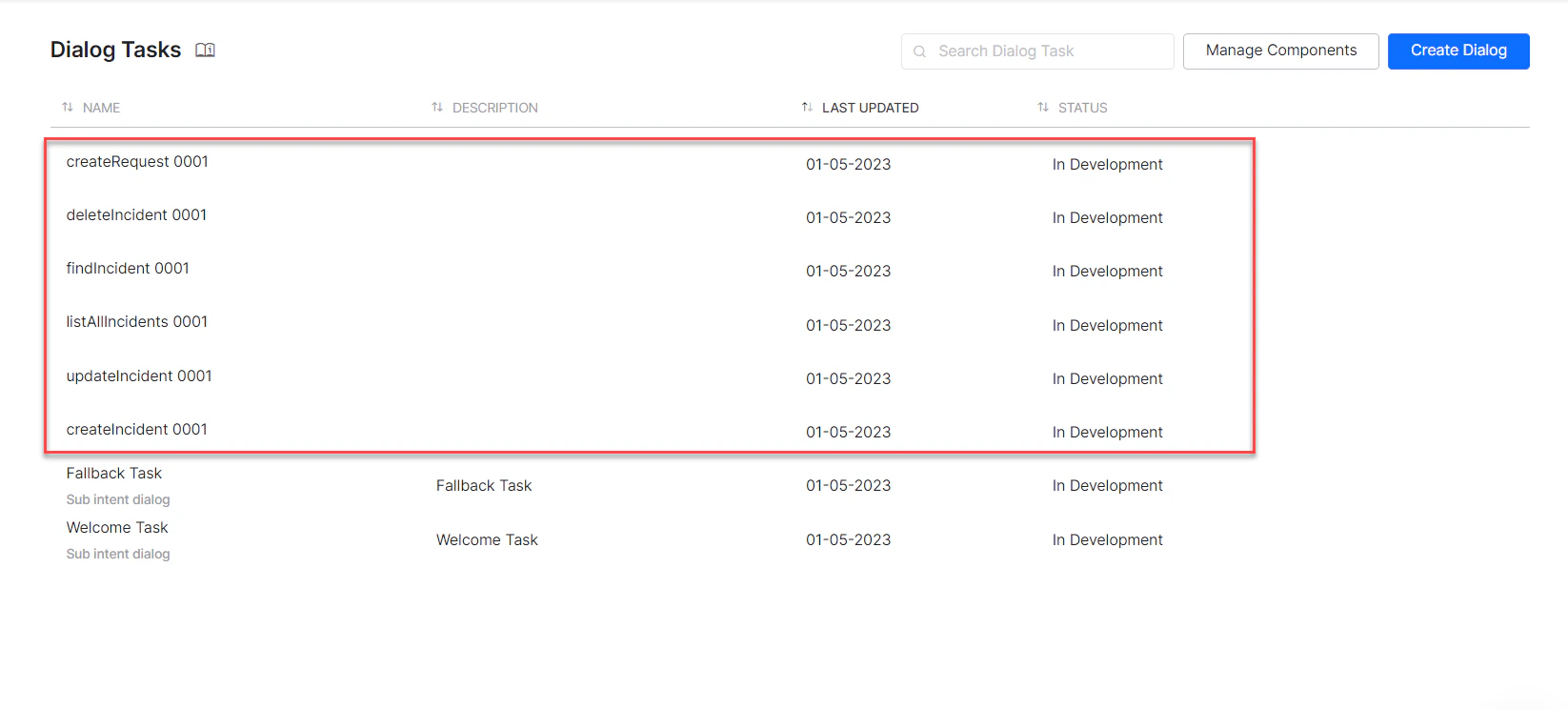 Dialog tasks for each template