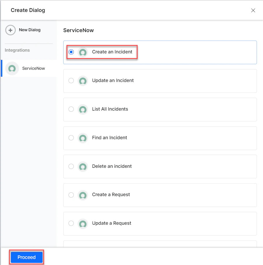 Select desired dialog task and proceed