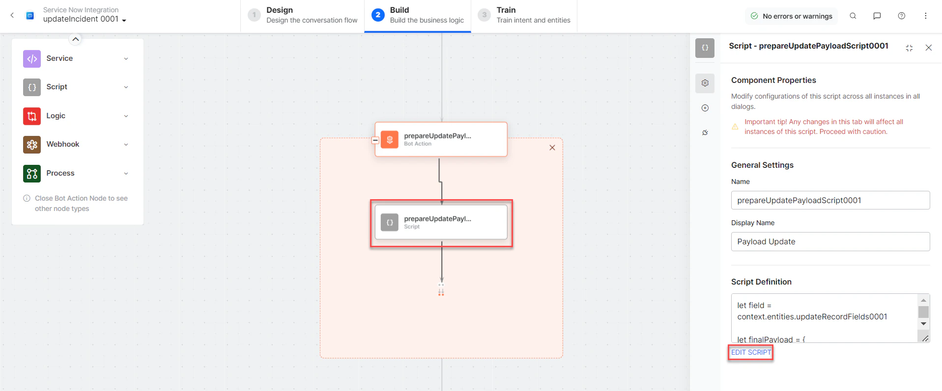prepareUpdatePayloadScript bot action component properties