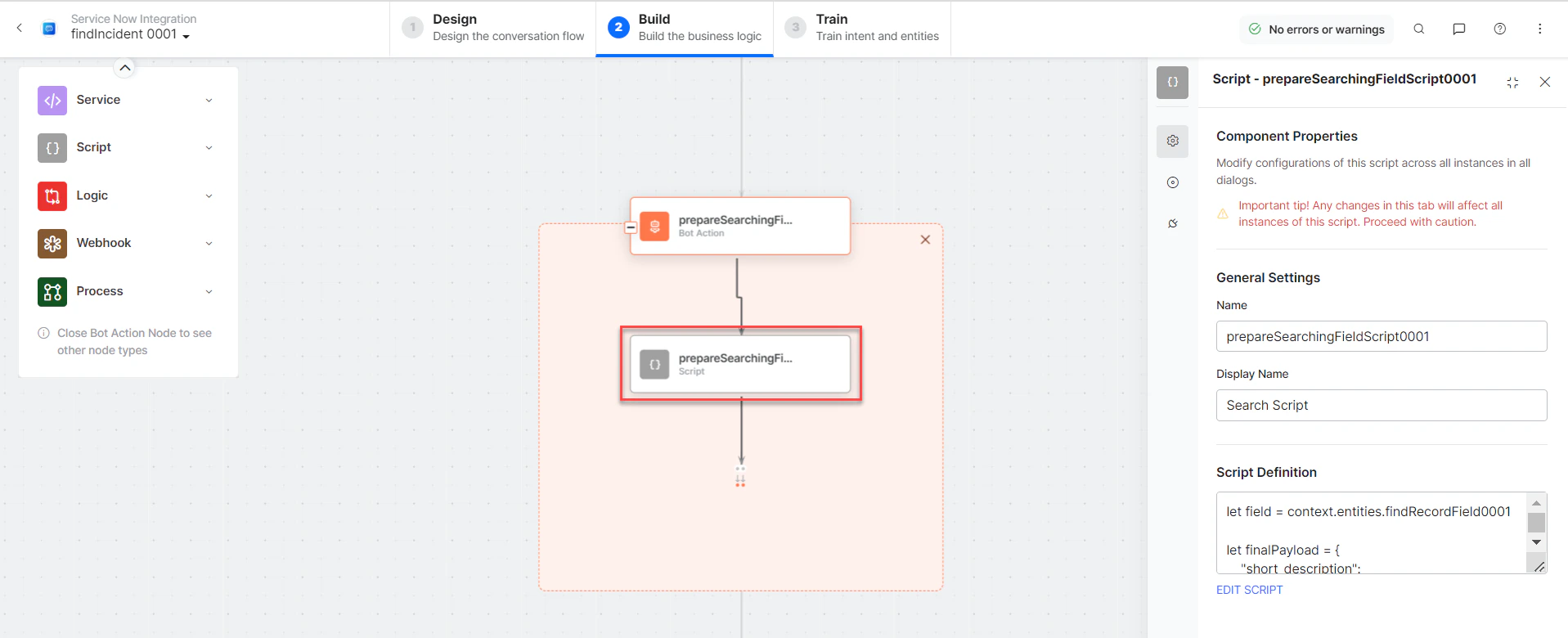 prepareSearchingFieldScript bot action component properties