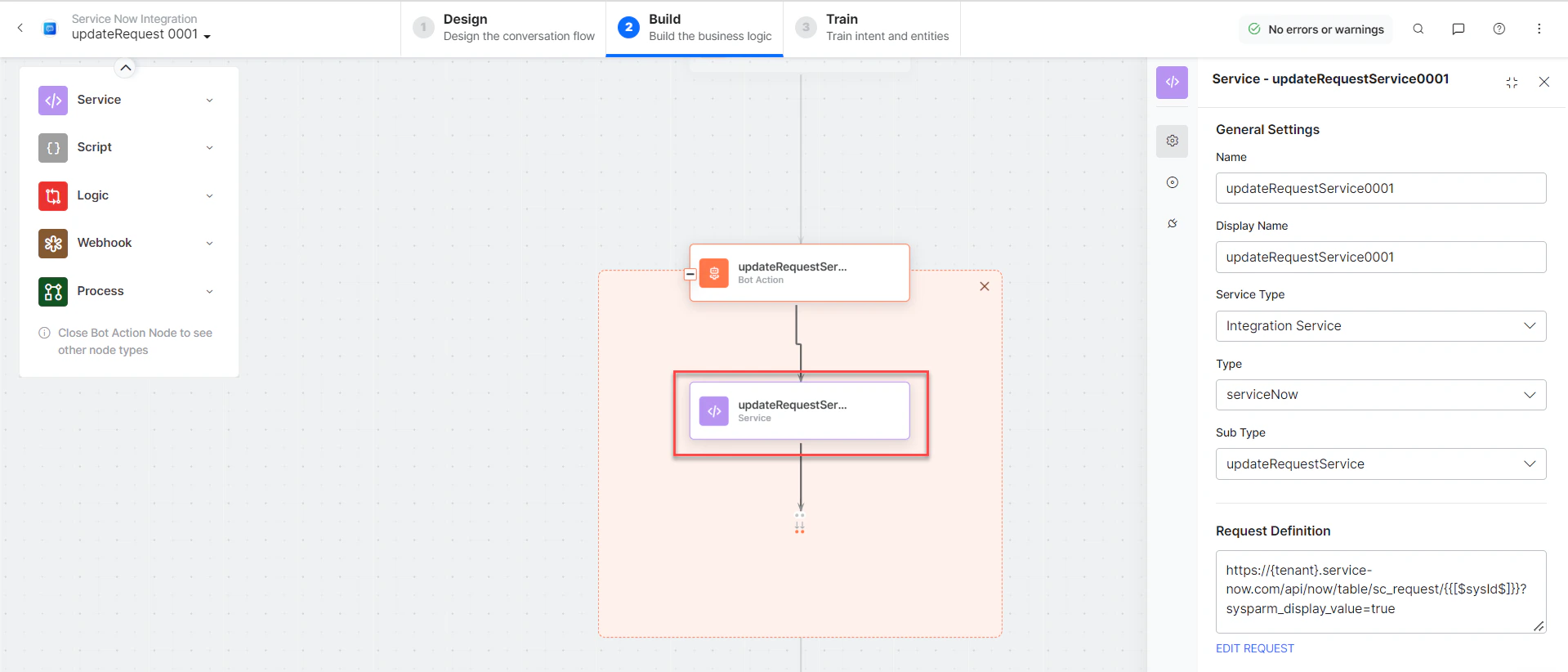 updateRequestScript bot action component properties