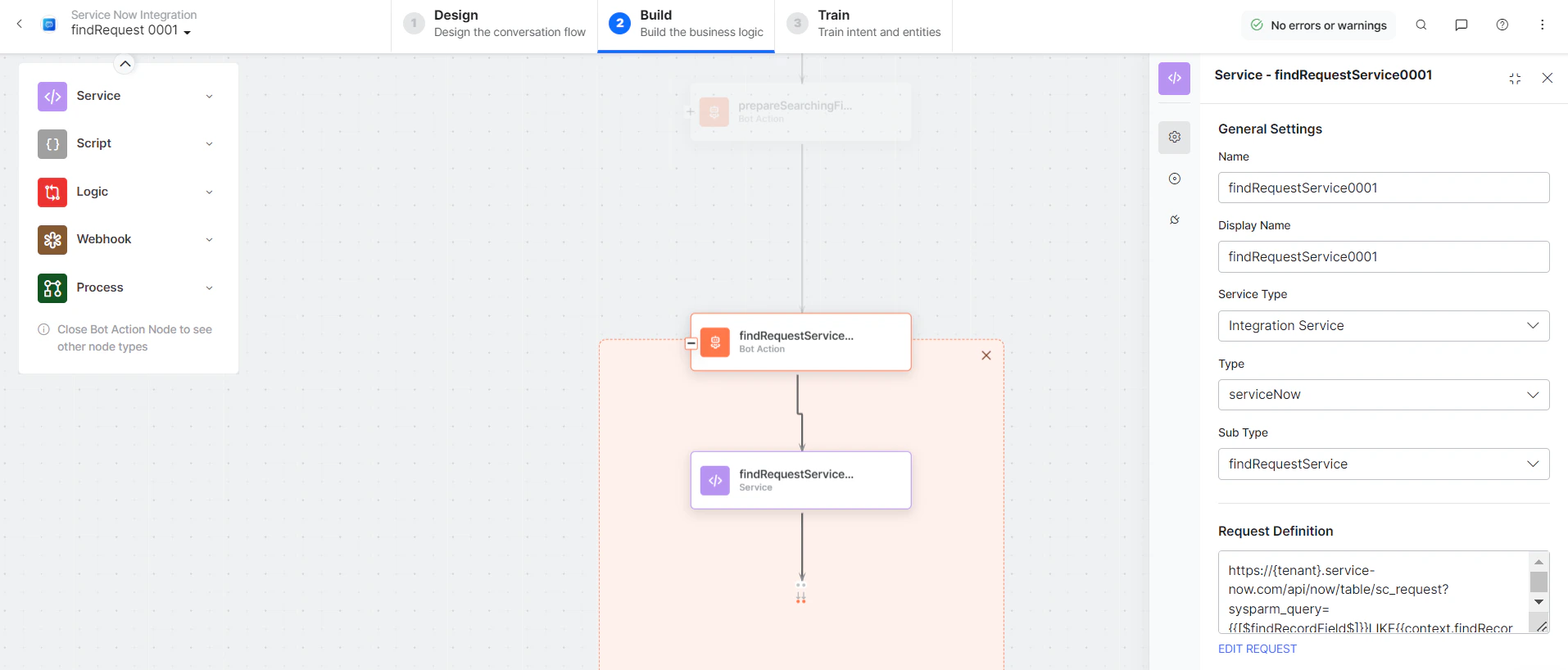 findRequestService bot action component properties