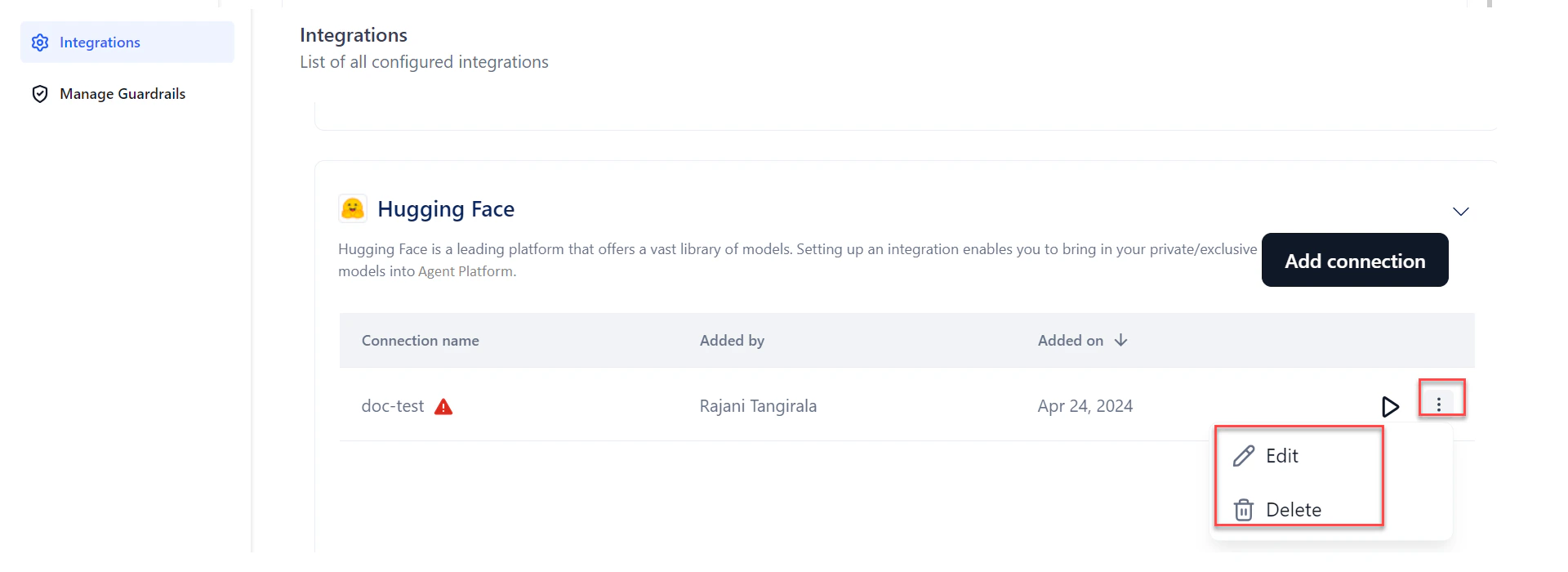 Manage Hugging Face Connection