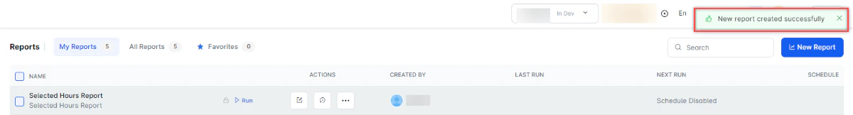 Selected Hours Report Created