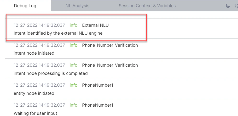 Intent detected by the External NLU engine