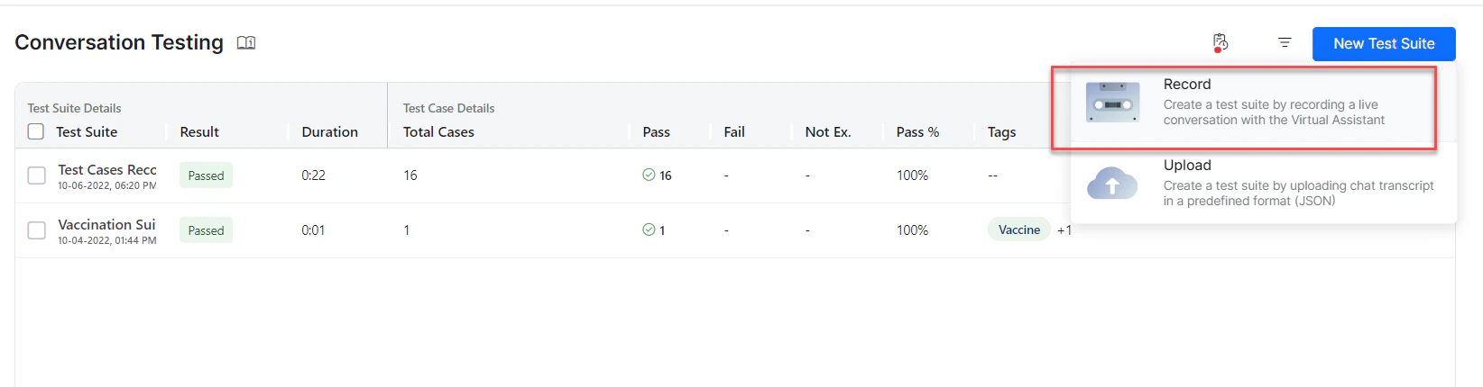 Start recording New Test