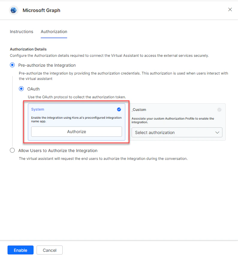 Enable the Kore.ai's preconfigured Microsoft Graph app