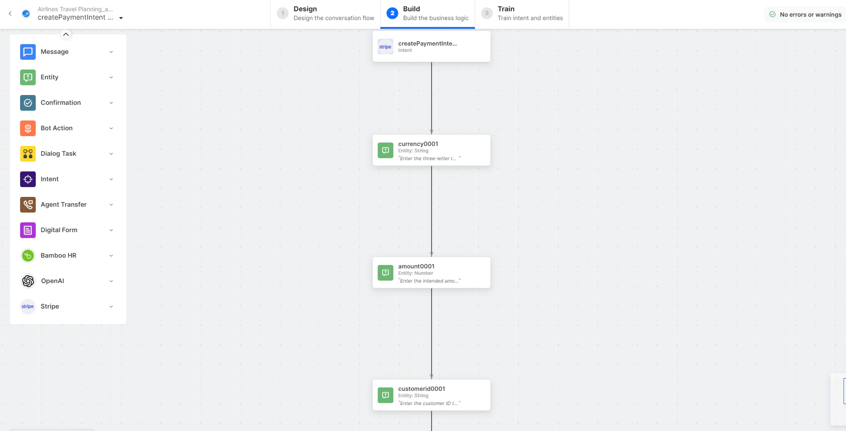 Create a Payment Intent dialog task is added