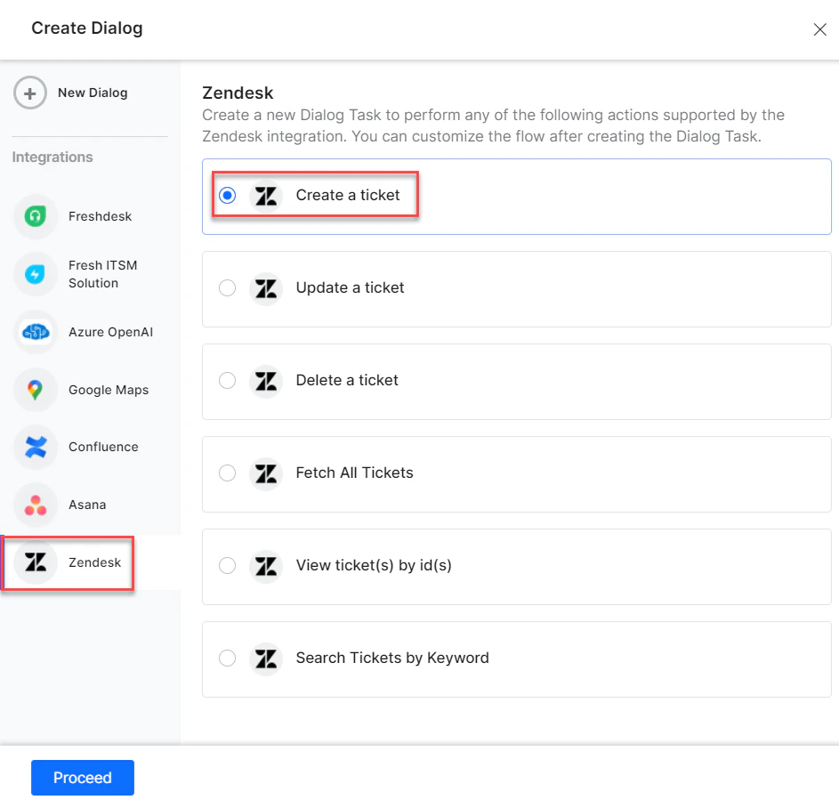 Select the desired dialog task from the templates and Proceed