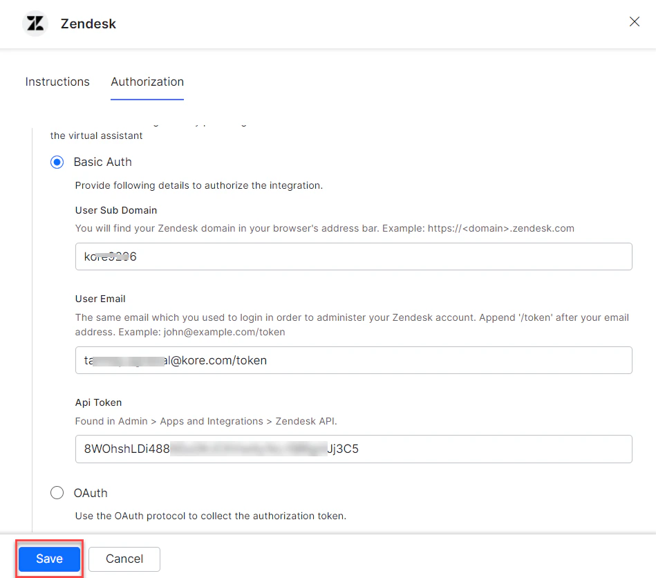 Details to authorize the integration