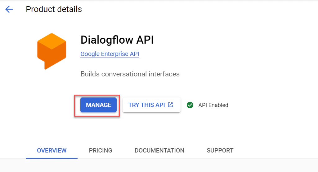 Dialogflow API management dashboard