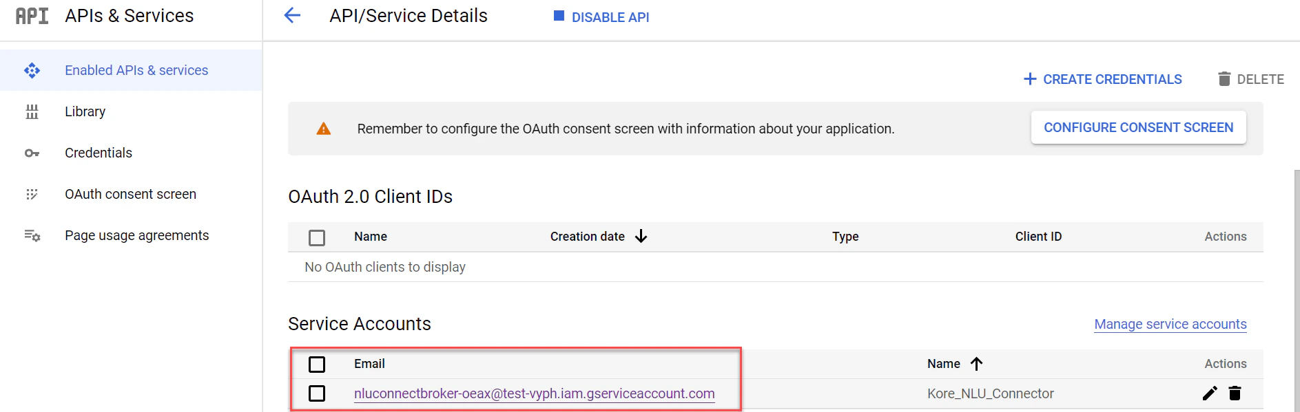 Click on the Service account