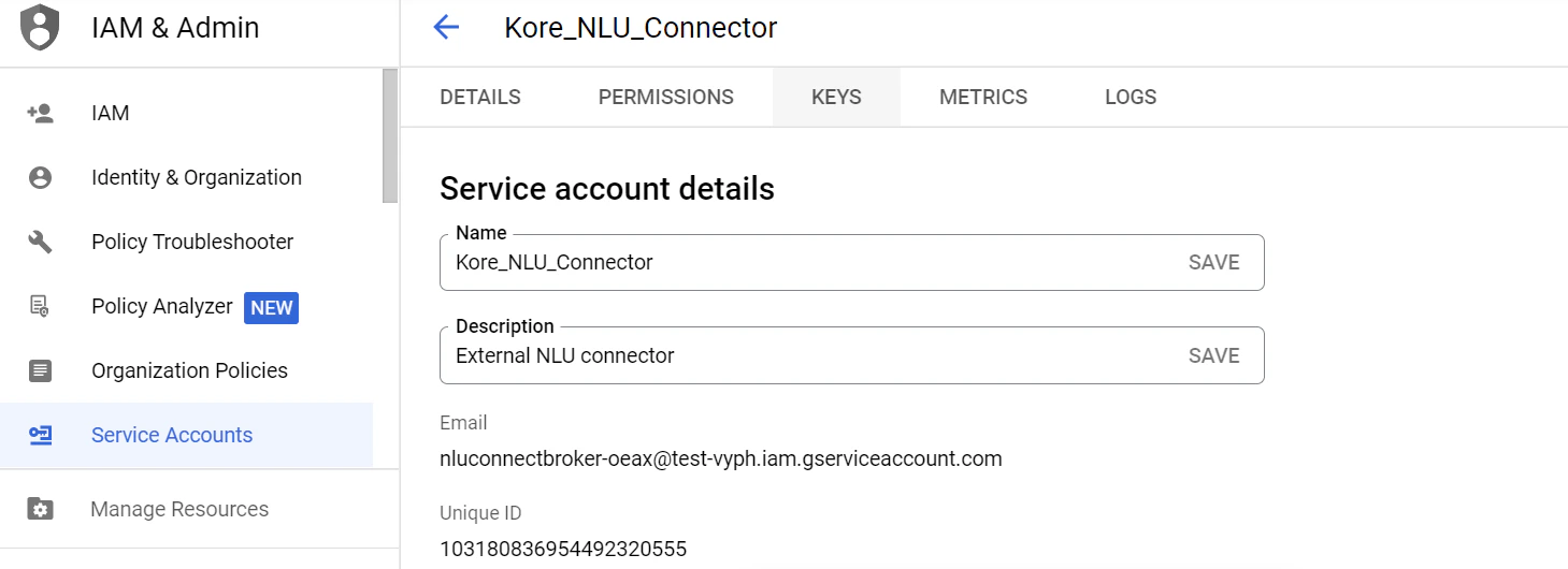 Service account details - Keys tab