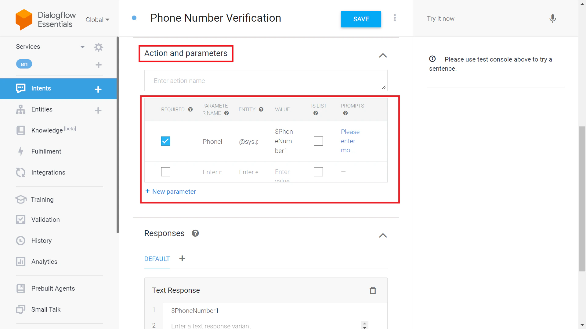 Add action, parameter, entity, value, prompt
