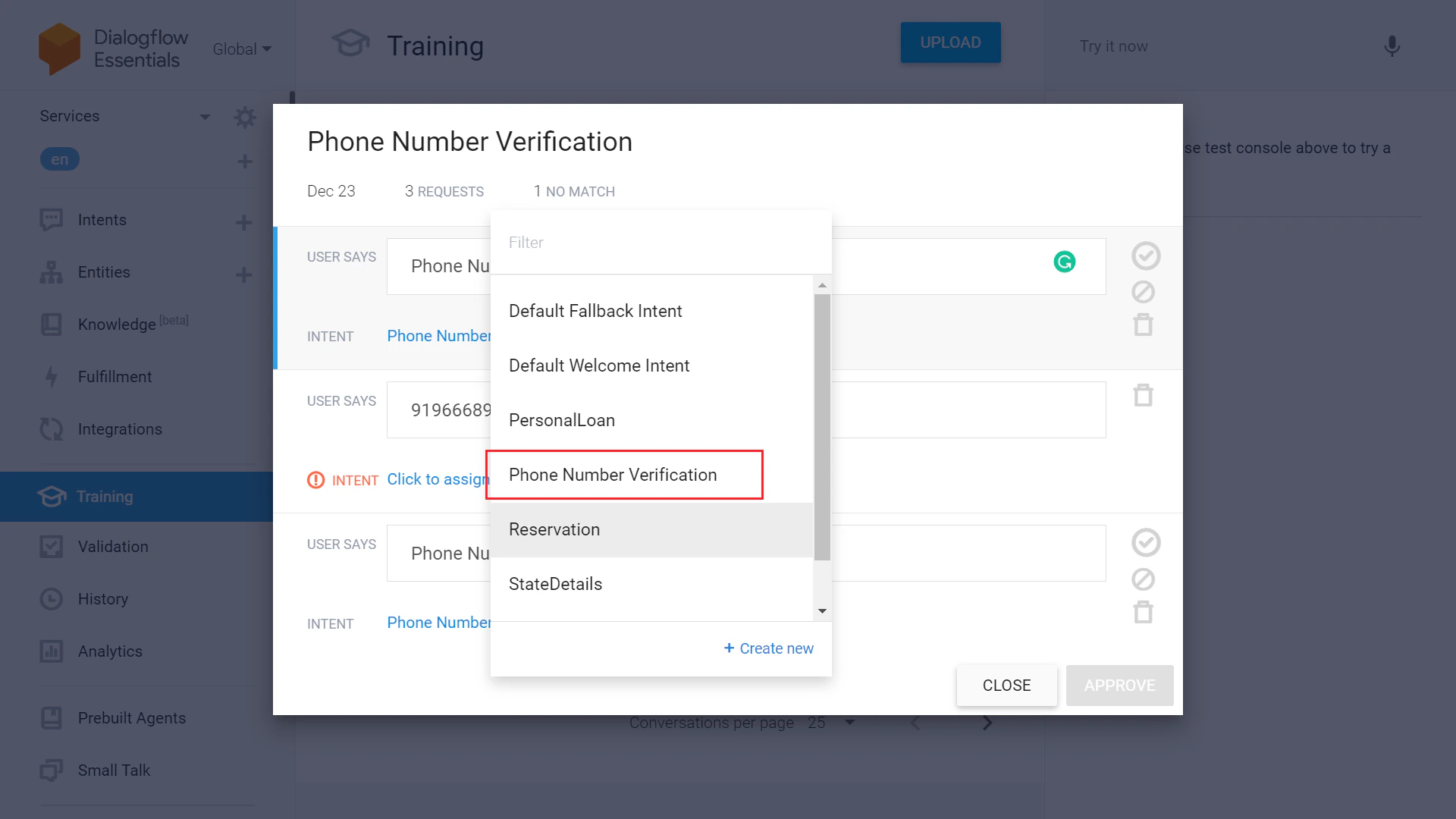 Go to Training and enter Intent name